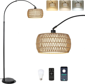 English Elm Arc Floor Lamp With Remote & Dimmable Led Bulb - Adjustable Height, Boho Rattan Shade For Cozy Living Spaces W2738P185417