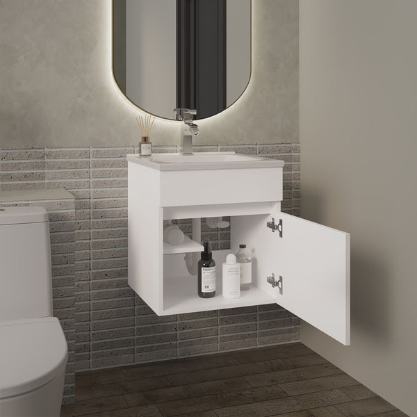 English Elm Primavera 18" Floating Bathroom Vanity with Dual-Door Cabinet & Two Shelves, Wall-Mounted White B070P337048