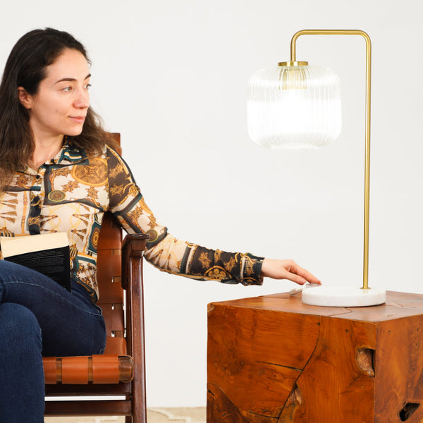 English Elm Ashcroft Furniture - Haven Elegant Clear Glass Table Lamp with Gold Brush Metal & Faux Marble Base, Button Control B183P231774