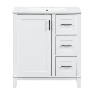 English Elm 30-inch Modern Bathroom Vanity with Ceramic Basin, Rubberwood Frame, Soft-Close Drawers & Organized Storage White N729P290689K