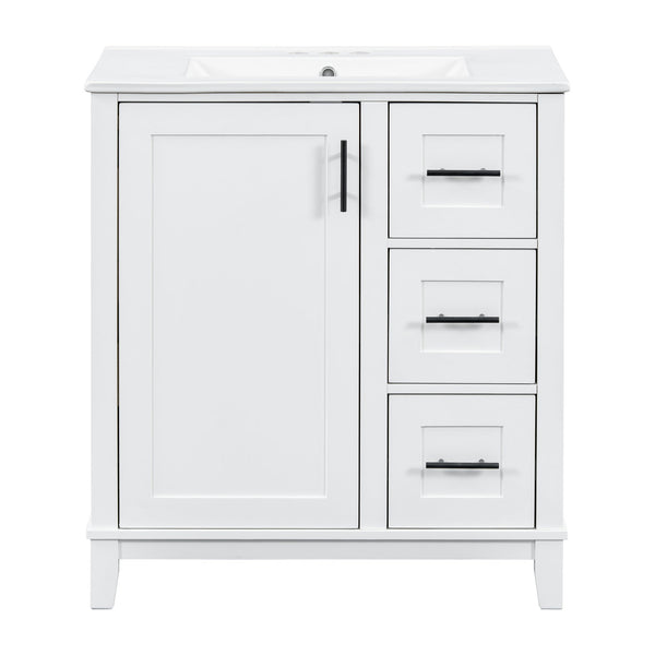 English Elm 30-inch Modern Bathroom Vanity with Ceramic Basin, Rubberwood Frame, Soft-Close Drawers & Organized Storage White N729P290689K