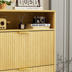 English Elm Shoe Cabinet Slim Entryway Organizer with Flip Compartments Wave Front and Gold Hardware Natural W1162P384348