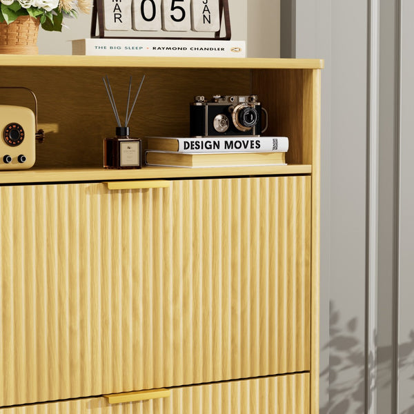 English Elm Shoe Cabinet Slim Entryway Organizer with Flip Compartments Wave Front and Gold Hardware Natural W1162P384348