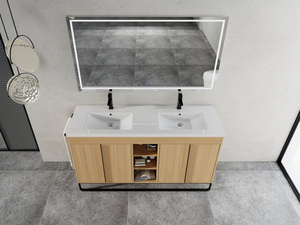 English Elm 60" Freestanding Bathroom Vanity with Dual Resin Sink, 4 Soft-Close Doors, 3 Open Shelves & Towel Hanger, Plywood Storage Boxes, Modern Durable Hardware W999S00480
