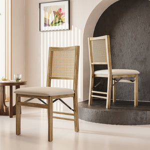 English Elm Scandinavian Solid Wood Dining Chairs with Woven Rattan Back Cushioned Seat Set of 2 W395P317025