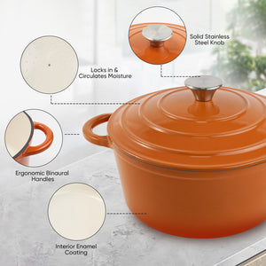English Elm 4.5 Quart Dutch Oven Pot with Lid, Enameled Cast Iron, Nonstick Ceramic Surface for Even Cooking and Moisture-Retaining Baking up to 500°F Orange T3950P396343