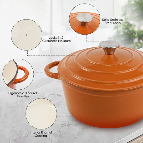 English Elm 4.5 Quart Dutch Oven Pot with Lid, Enameled Cast Iron, Nonstick Ceramic Surface for Even Cooking and Moisture-Retaining Baking up to 500°F Orange T3950P396343