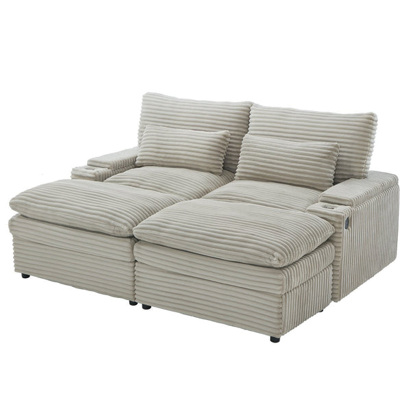 English Elm Loveseat Convertible Sectional Sofa Bed with Storage, Two Ottomans, Dual USB Ports & Cup Holders Grey N719S002140E
