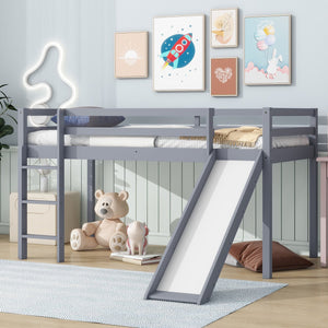 English Elm Twin Low Loft Bed with Slide and Ladder for Kids, Rubberwood Frame, Safety Guardrails & Playspace Grey W504P218522