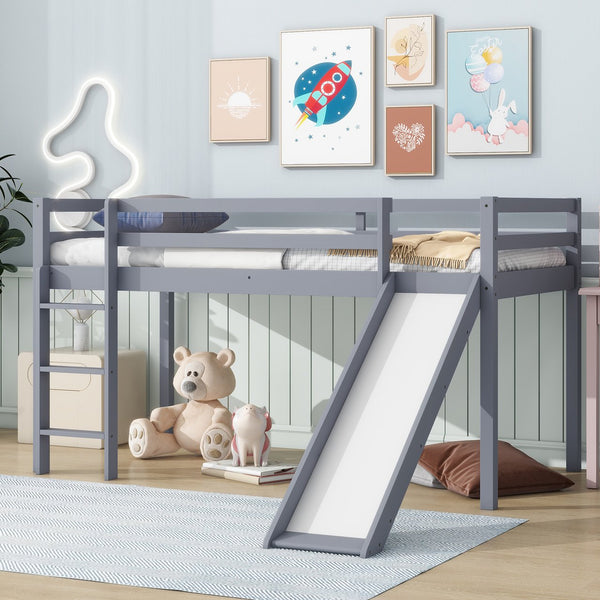 English Elm Twin Low Loft Bed with Slide and Ladder for Kids, Rubberwood Frame, Safety Guardrails & Playspace Grey W504P218522