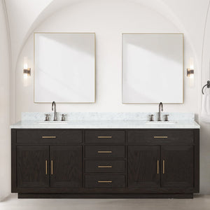 English Elm Brown Oak Double Bath Vanity With Luxurious Carrara Marble Top – Ample Storage & Easy Assembly! B2731P257847