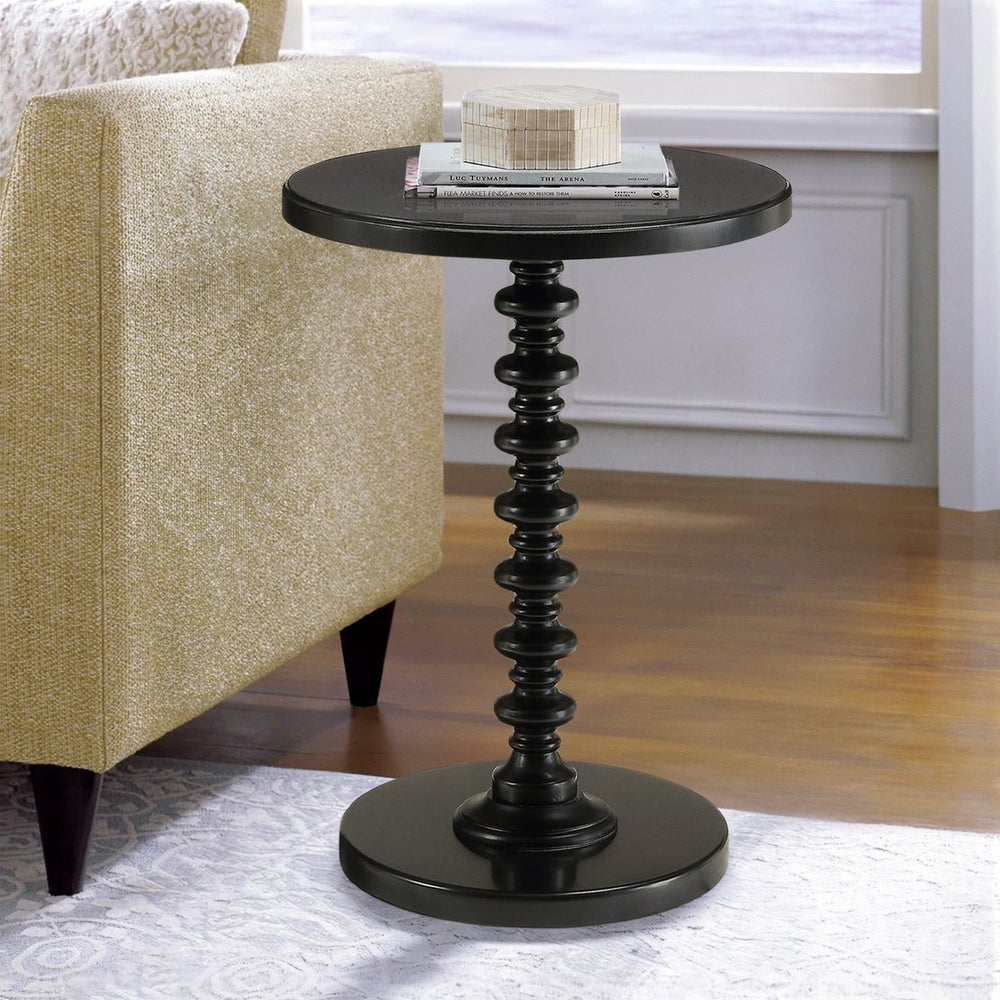 English Elm Black Round Wooden Side Table with Turned Pedestal Base, Solid Wood Accent Table for Cozy Nooks, Farmhouse to Traditional Style B062P181368