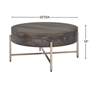 English Elm Drum Minimalist Coffee Table with Drawer in Light Brown & Champagne Metal Frame, Elegant Storage Blend B016P313004