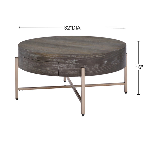 English Elm Drum Minimalist Coffee Table with Drawer in Light Brown & Champagne Metal Frame, Elegant Storage Blend B016P313004
