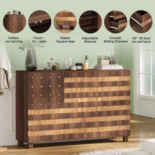 English Elm 55" Walnut Buffet Sideboard Cabinet with Hand-Carved Detail, 2 Drawers, 3 Doors, Adjustable Shelves, Anti-Tip Safety W2977P294024