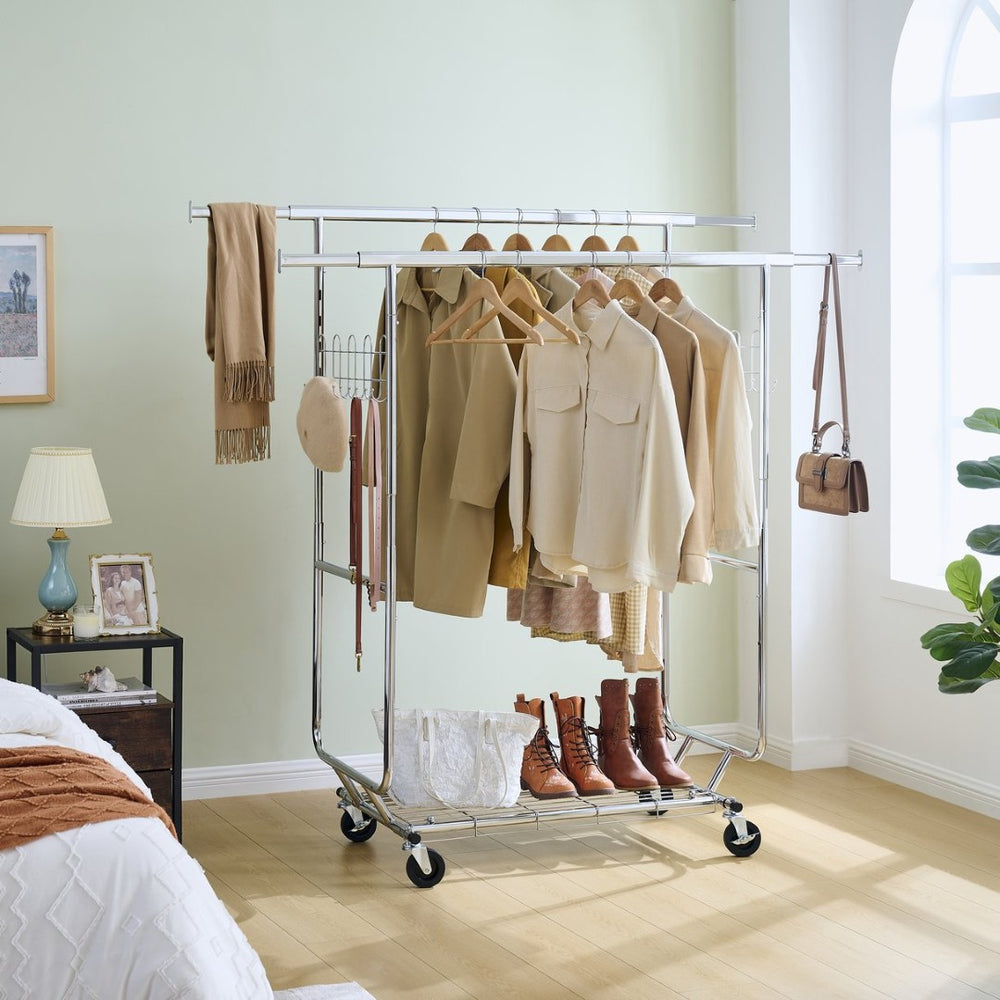 English Elm Double Rod Steel Garment Rack Rolling Collapsible Heavy Duty Closet Storage W1903P172833