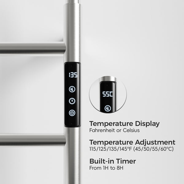 English Elm 18.7" Heated Towel Rack with Touchscreen Timer, 6-Bar Stainless Steel 150W Rapid Warm Carbon Fiber Brushed Nickel T3177P305025