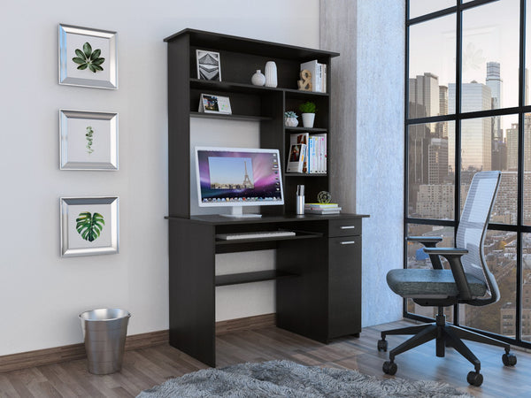 English Elm Compu 180 Hutch Desk With Shelves, Drawer & Keyboard Tray - Stylish Black Design For Small Spaces B200S00006