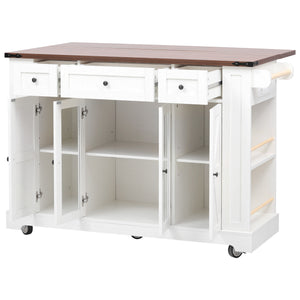 English Elm K&K 53" Farmhouse Kitchen Island with Drop Leaf, Tempered Glass Doors, Power Outlet, Rolling Cart White N707P263637W