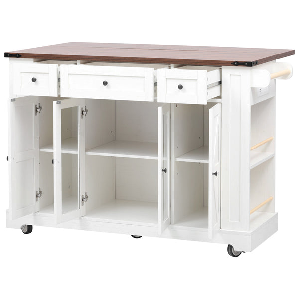 English Elm K&K 53" Farmhouse Kitchen Island with Drop Leaf, Tempered Glass Doors, Power Outlet, Rolling Cart White N707P263637W