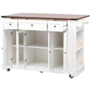 English Elm K&k Farmhouse Rolling Kitchen Island with Drop Leaf Tempered Glass Drawers and Power Outlet White N707S263637W