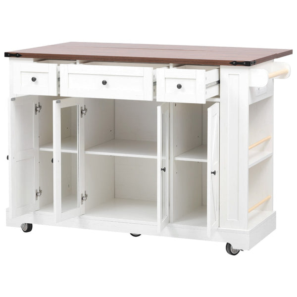 English Elm K&k Farmhouse Rolling Kitchen Island with Drop Leaf Tempered Glass Drawers and Power Outlet White N707S263637W
