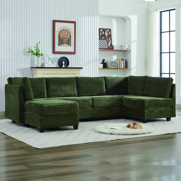 English Elm Corduroy Plush U-Shaped Sectional Sofa with Storage Ottoman, Pet-Friendly Durable Modular Comfort Green W2915S00065