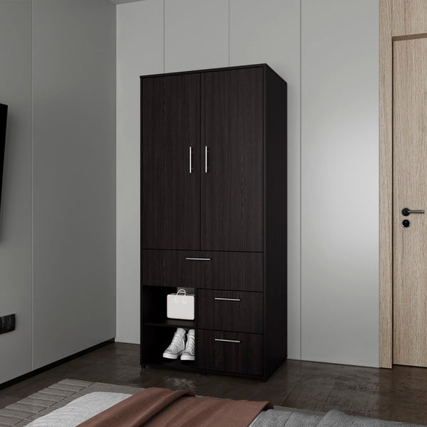English Elm Upland Black Wood Armoire with Hanging Rod Drawers and Open Compartments B092S00279