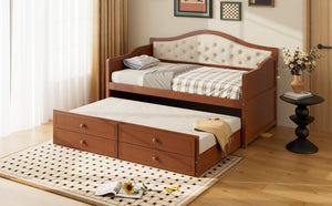 English Elm Twin Daybed with Trundle and 2 Storage Drawers, Upholstered Button-Tufted Sofa Bed for Guest Room Comfort and Organization Walnut 45.25 L x 19 W x 8 H N733S346767D