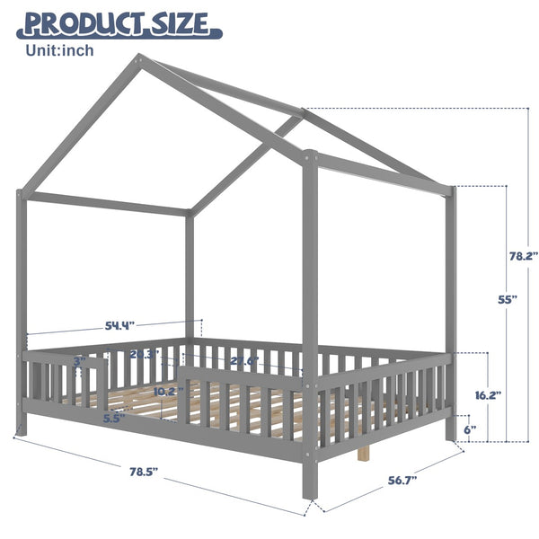English Elm Montessori Pine Floor Bed Twin with House Canopy Frame and Four Safety Railings N733P356048E