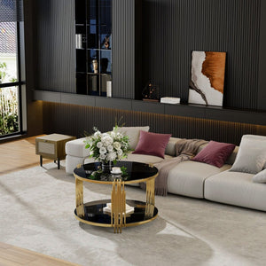 English Elm Modern Round Coffee Table Black Tempered Glass Top Gold Drum Base Living Room Glam N735P177478B