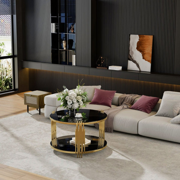 English Elm Modern Round Coffee Table Black Tempered Glass Top Gold Drum Base Living Room Glam N735P177478B