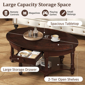 English Elm Vintage Oval Coffee Table With Drawer And Open Shelves, French Country Style Accent Table In Walnut N735P277388D-GIGA
