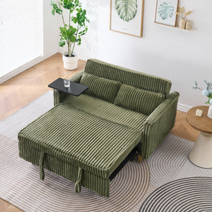 English Elm The pull-out green corduroy sofa with USB ports, movable tabletop and roll-out bed for living rooms W3371P302294