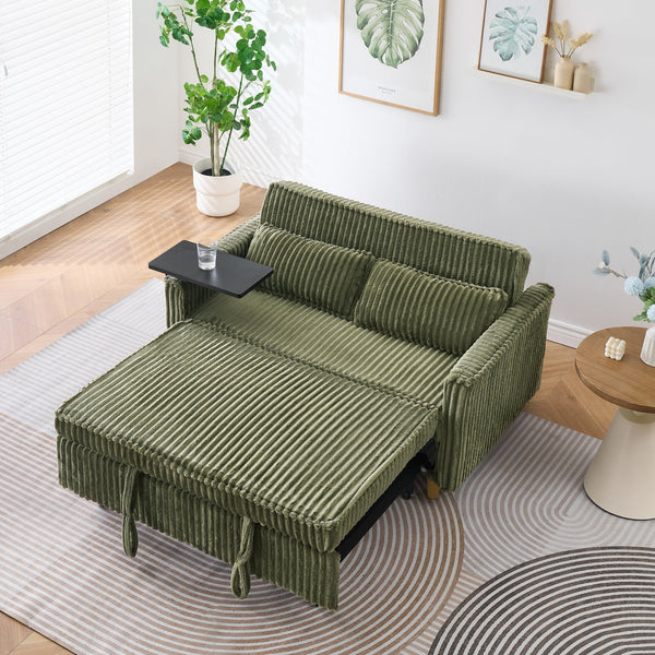 English Elm The pull-out green corduroy sofa with USB ports, movable tabletop and roll-out bed for living rooms W3371P302294