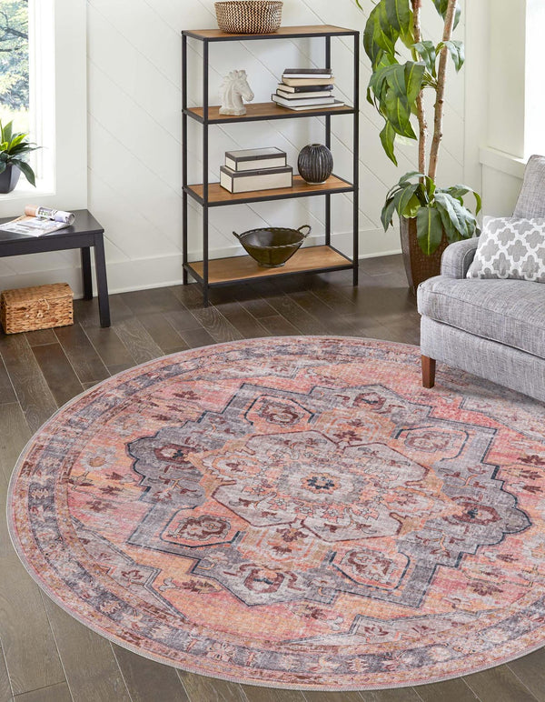 Unique Loom Mangata Melodie Machine Made Border Rug Apricot and pink, Gray/Black/Brown 7' 3" x 7' 5"