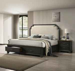 English Elm 1pc Two-Drawer Nightstand 26"H Dark Brown Wood Case Gray-Brown Finish Metal Knobs, Compact Storage B011P218285