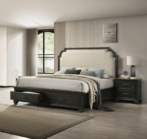 English Elm 1pc Two-Drawer Nightstand 26"H Dark Brown Wood Case Gray-Brown Finish Metal Knobs, Compact Storage B011P218285