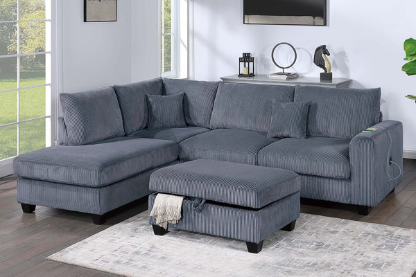 English Elm Modern Corduroy Sectional with Chaise Storage Ottoman and Usb Port for Living Room B011S02184