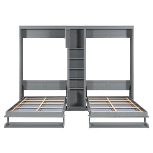 English Elm Dual Twin Wall Murphy Beds with Storage Tower Shelves for Kids or Guest Rooms Gray N820S00058E-1