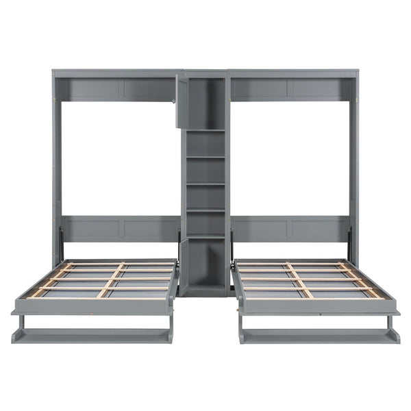 English Elm Dual Twin Wall Murphy Beds with Storage Tower Shelves for Kids or Guest Rooms Gray N820S00058E-1