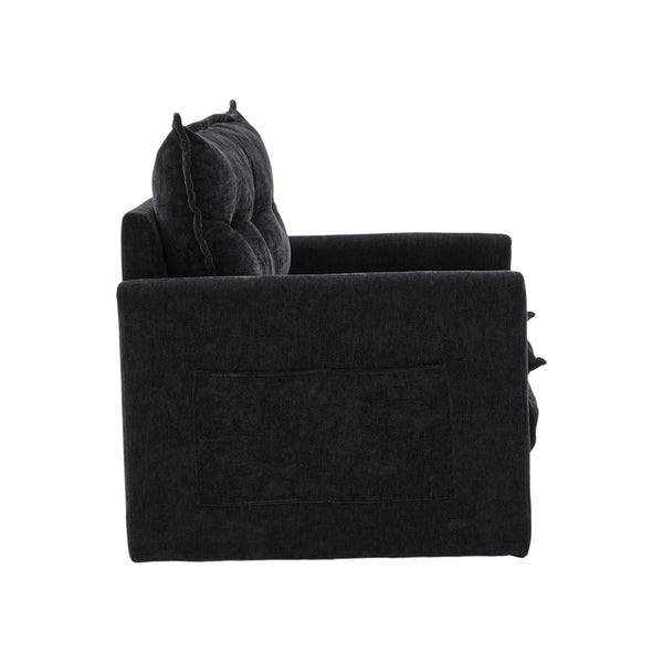 English Elm UNITED Swivel Barrel Chair with Chenille Upholstery, 360° Smooth Rotation, Padded Arm Comfort and Side Pockets for Living Room Relaxation Black W1568P290088