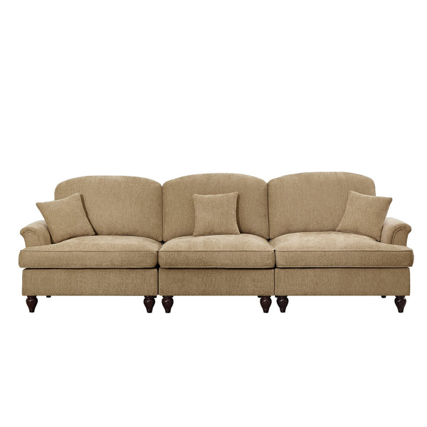 English Elm Elegant Mid Century 3-Seater Sofa With Flared Arms & Ruffled Skirts, Versatile Chenille Couch In Light Coffee W3041S00244
