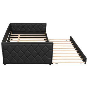 English Elm Full XL Upholstered Daybed with Trundle and Built-In LED Lighting, Tufted Arms, Solid Wood Frame Black N7090000611B