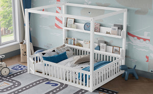 English Elm Full House Floor Bed with Door and Guardrails for Kids, Solid Wood Double Full, Safe Play Nook Light White W1580P359331