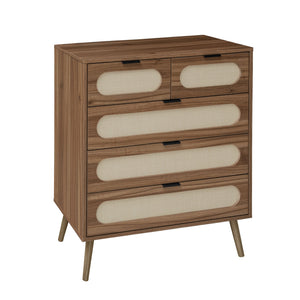 English Elm 5 Drawer Cabinet with Pine Feet, Engineered Rattan Finish, Anti-Dump Safety, Durable Moisture-Proof Storage (37.41"x18.9"x9.45") W688137513