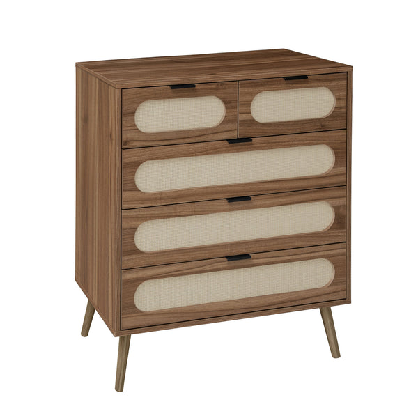 English Elm 5 Drawer Cabinet with Pine Feet, Engineered Rattan Finish, Anti-Dump Safety, Durable Moisture-Proof Storage (37.41"x18.9"x9.45") W688137513