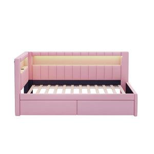 English Elm Upholstered Twin Platform Bed with USB Ports, LED Light Belt, Linen Backrest & 2 Storage Drawers Pink DL001926AAH