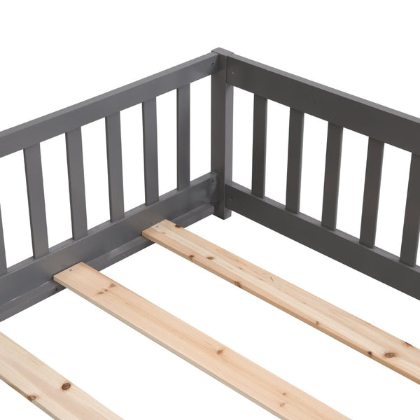English Elm Twin Pine Wood Floor Bed with Safety Guardrails and Door for Kids Bedroom Gray W495123238