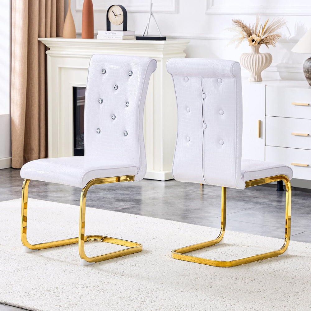 English Elm Set of 2 Glam Faux Alligator Pvc Dining Chairs with Crystal Buckle Bow Legs White W3875P371056